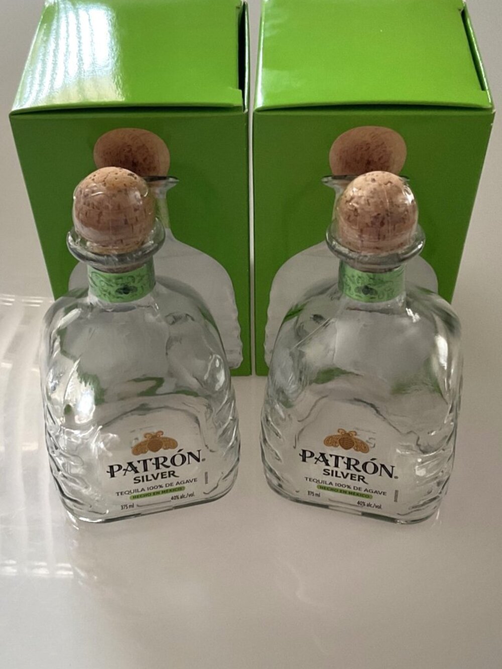 2- 375 ML PATRON SILVER TEQUILA BOTTLES WITH BOX  SET EMPTY GLASS